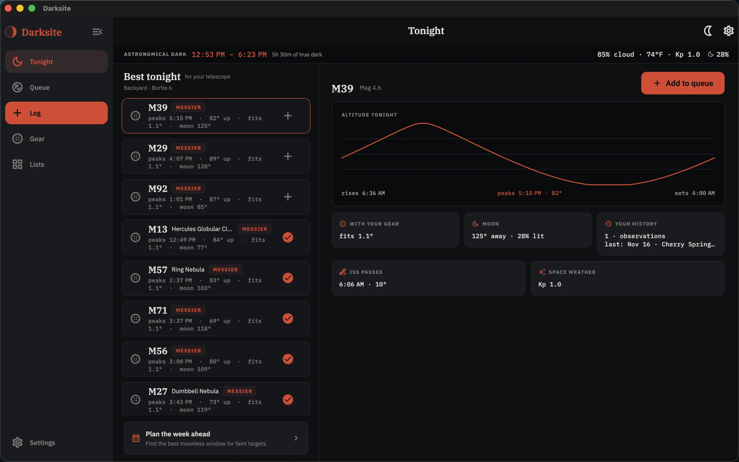 Darksite on macOS: the Tonight planning desk with the altitude curve, moon, gear fit and space weather
