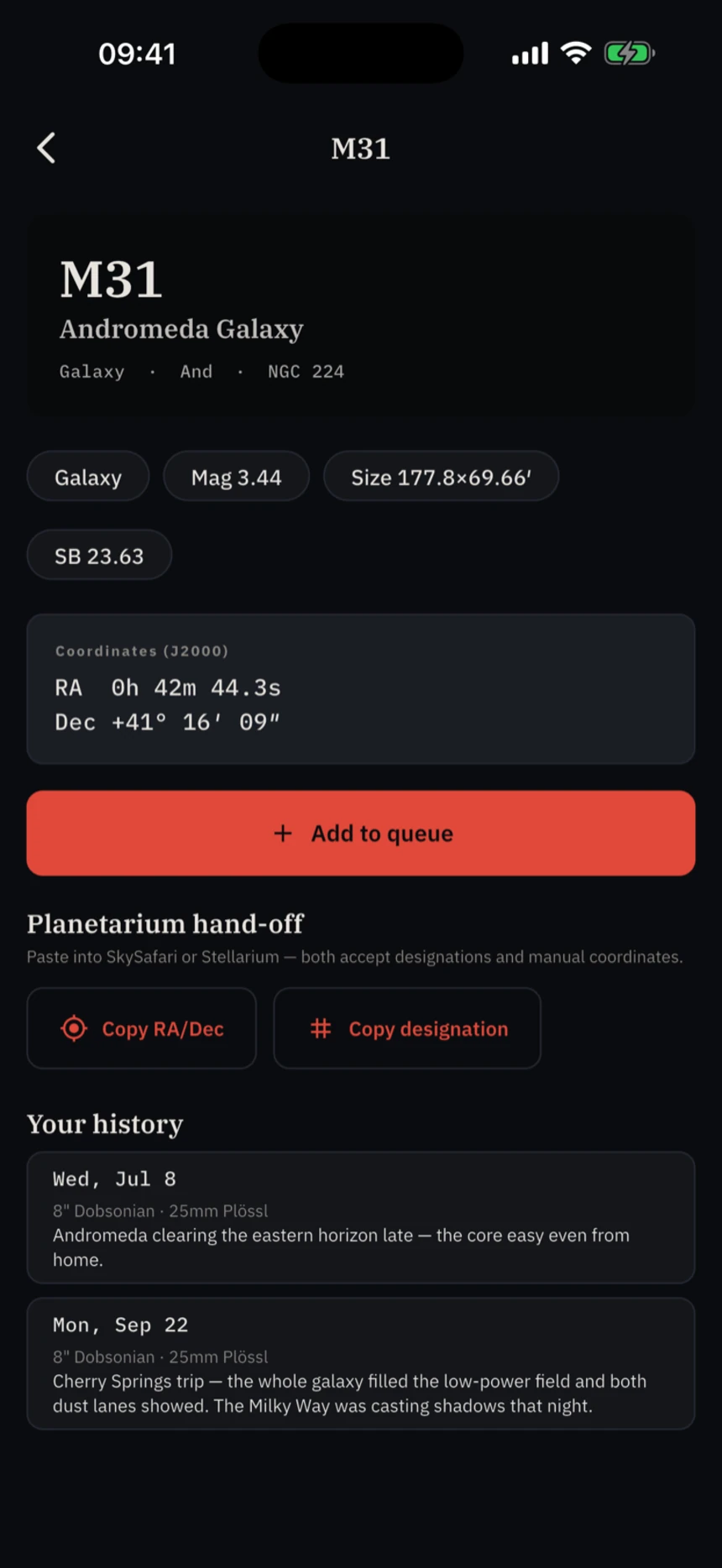 The M31 catalogue entry with coordinates, magnitude, size and your own observing history