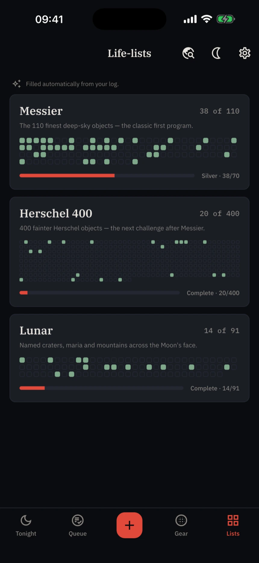 Messier, Herschel 400 and Lunar life-lists filling in automatically