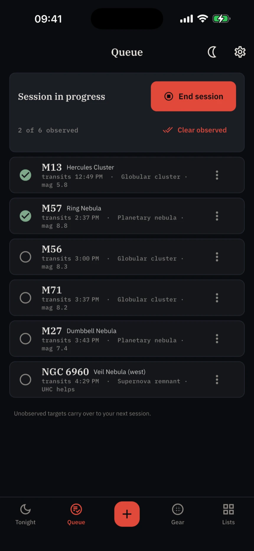A session queue in progress, targets ordered by transit
