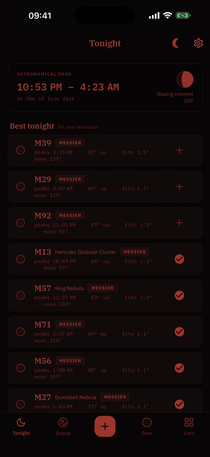 The same Tonight screen rendered deep red on near-black in red field mode