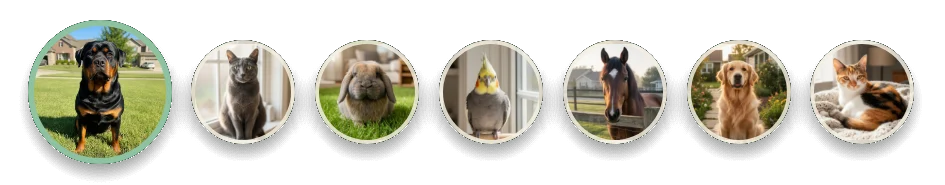 Sample pets in round photos: a Rottweiler, a grey cat, a lop rabbit, a cockatiel, a horse, a Golden Retriever and a calico cat