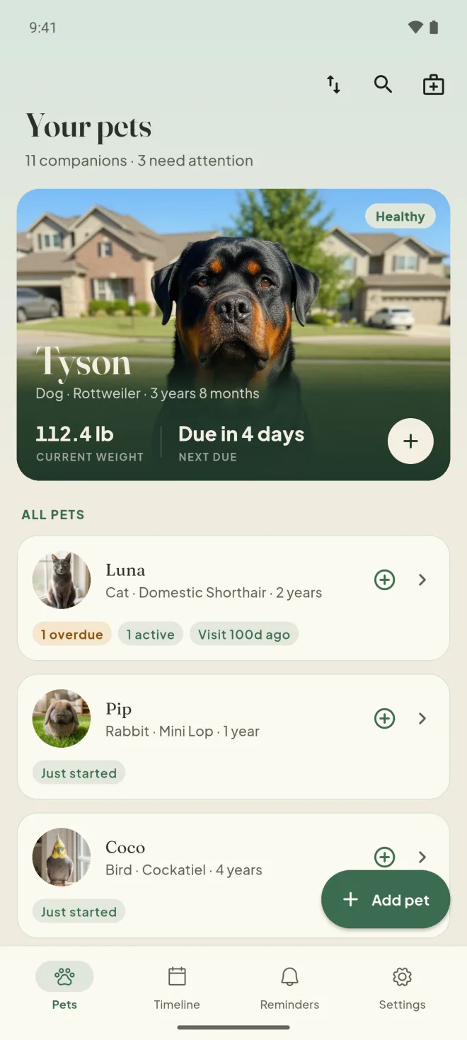 Android: the Pets screen with Tyson's photo card