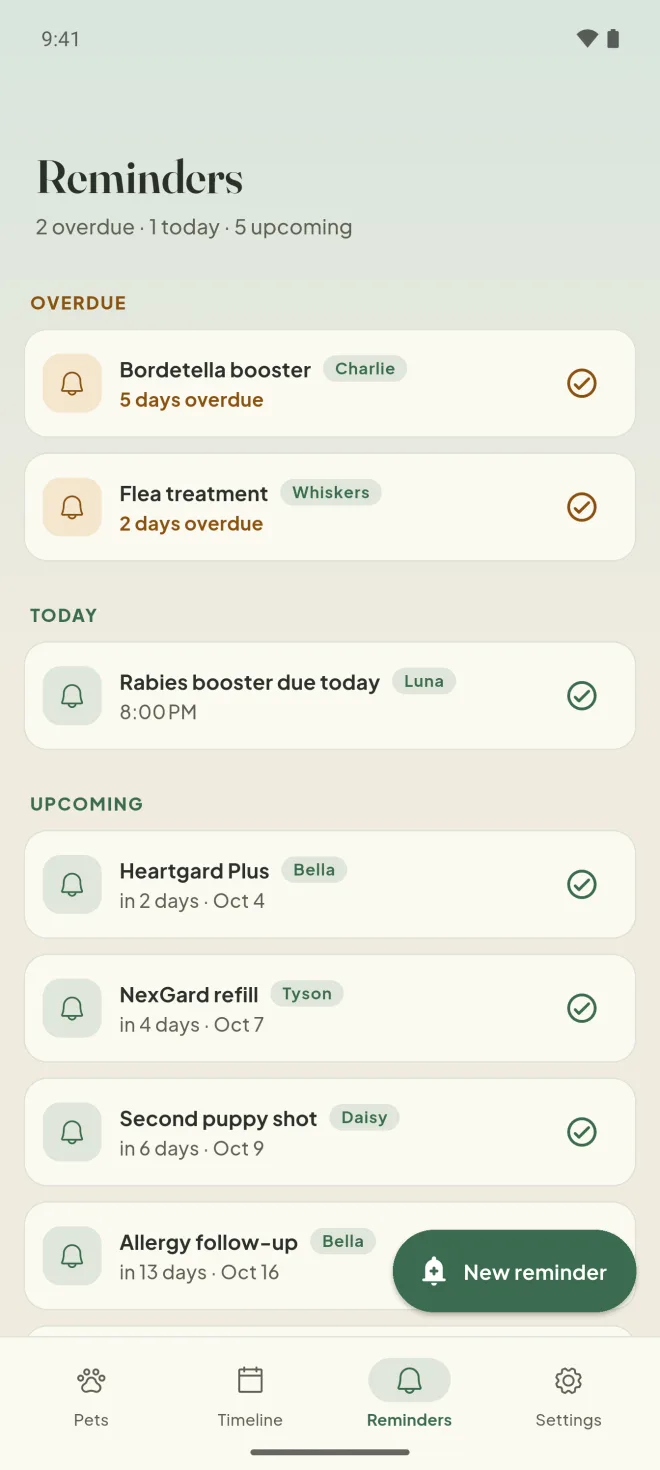 Android: reminders grouped into overdue, today and upcoming