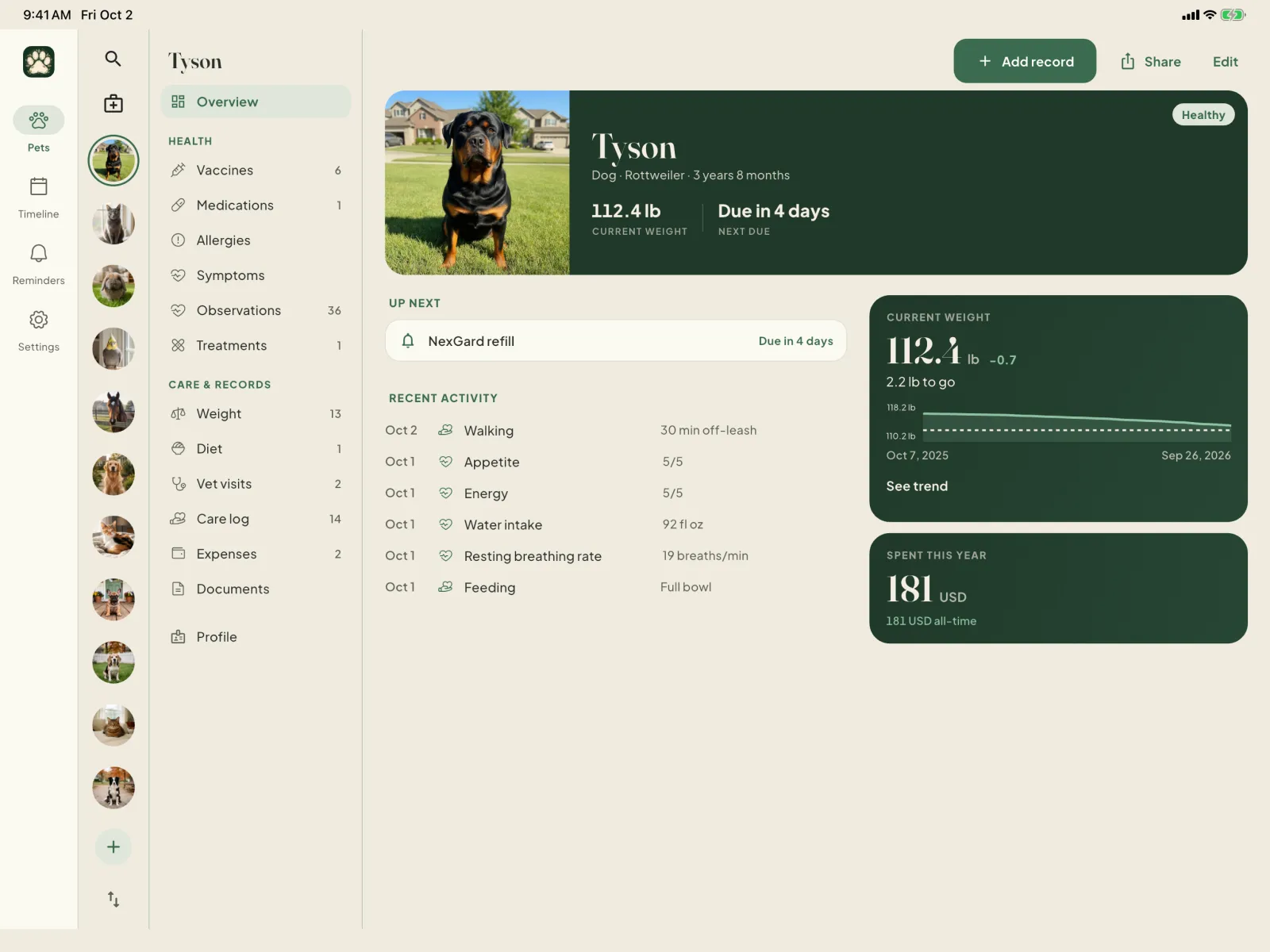 PetChronicle on iPad: a pet list down the side and Tyson the Rottweiler's dossier, with his weight trend and spending this year