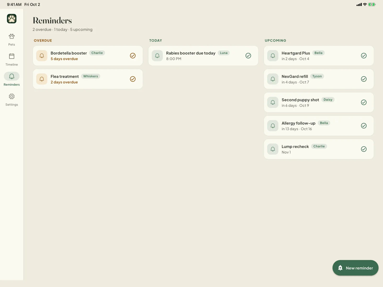 Reminders on iPad in three columns: overdue, today and upcoming