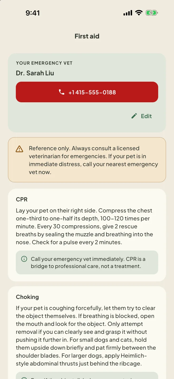 First aid: your emergency vet with a call button, a reminder that it is reference only, and steps for CPR and choking