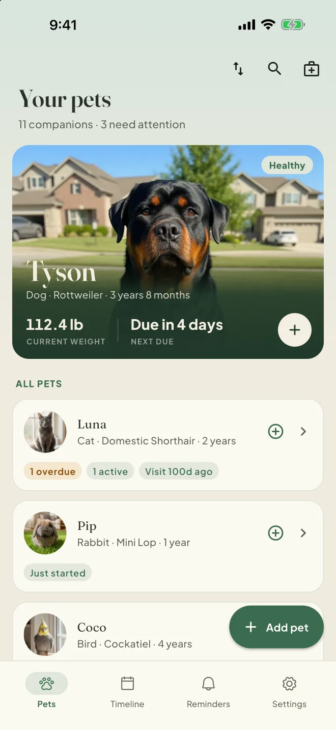 The Pets screen on iPhone: Tyson's photo card with his weight and next due date, then the other pets