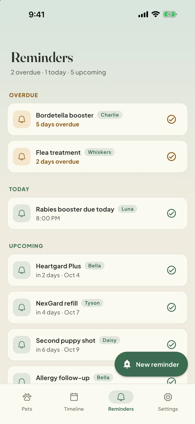 Reminders on iPhone, grouped into overdue, today and upcoming