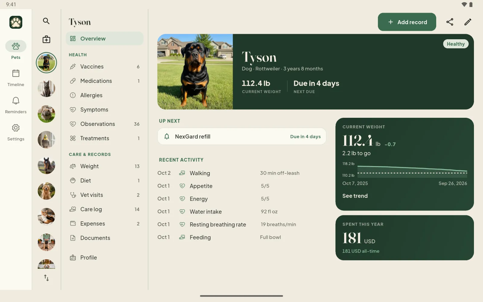 Android tablet: the pet list beside Tyson's dossier