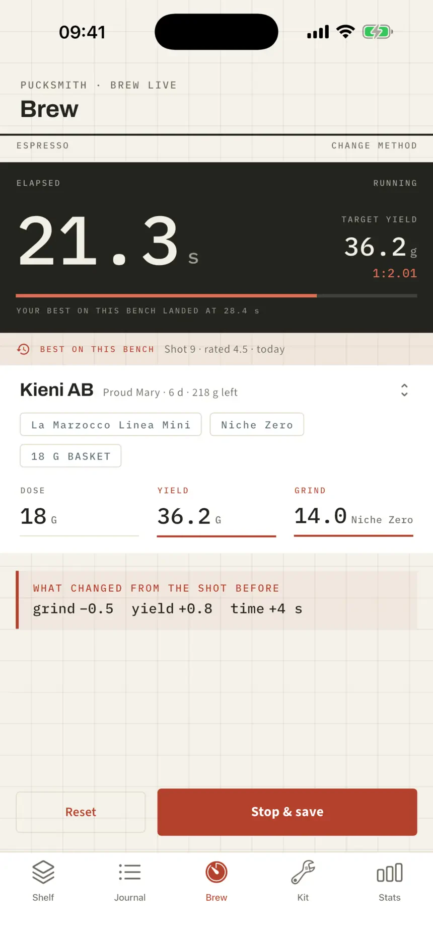 Quick Brew with the target yield and the change from the shot before
