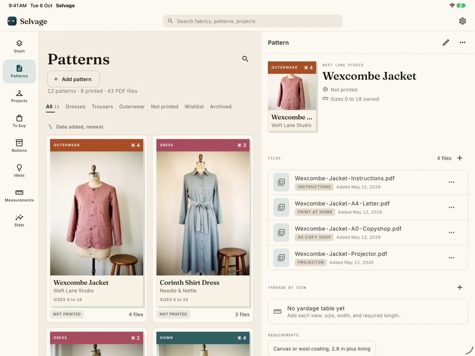 Patterns on iPad as document covers, beside the Wexcombe Jacket and its files