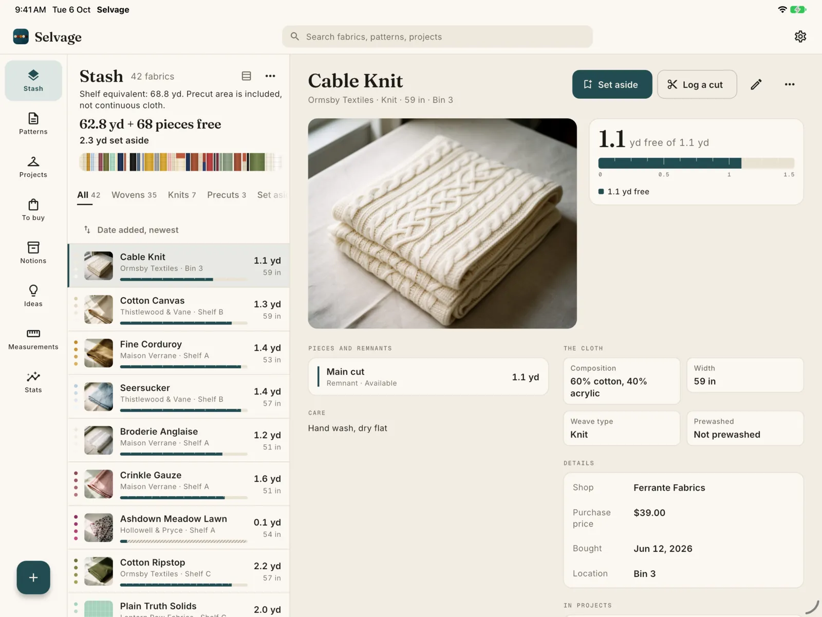 Selvage on iPad: the stash list beside the Cable Knit fabric, 1.1 yd free of 1.1 yd