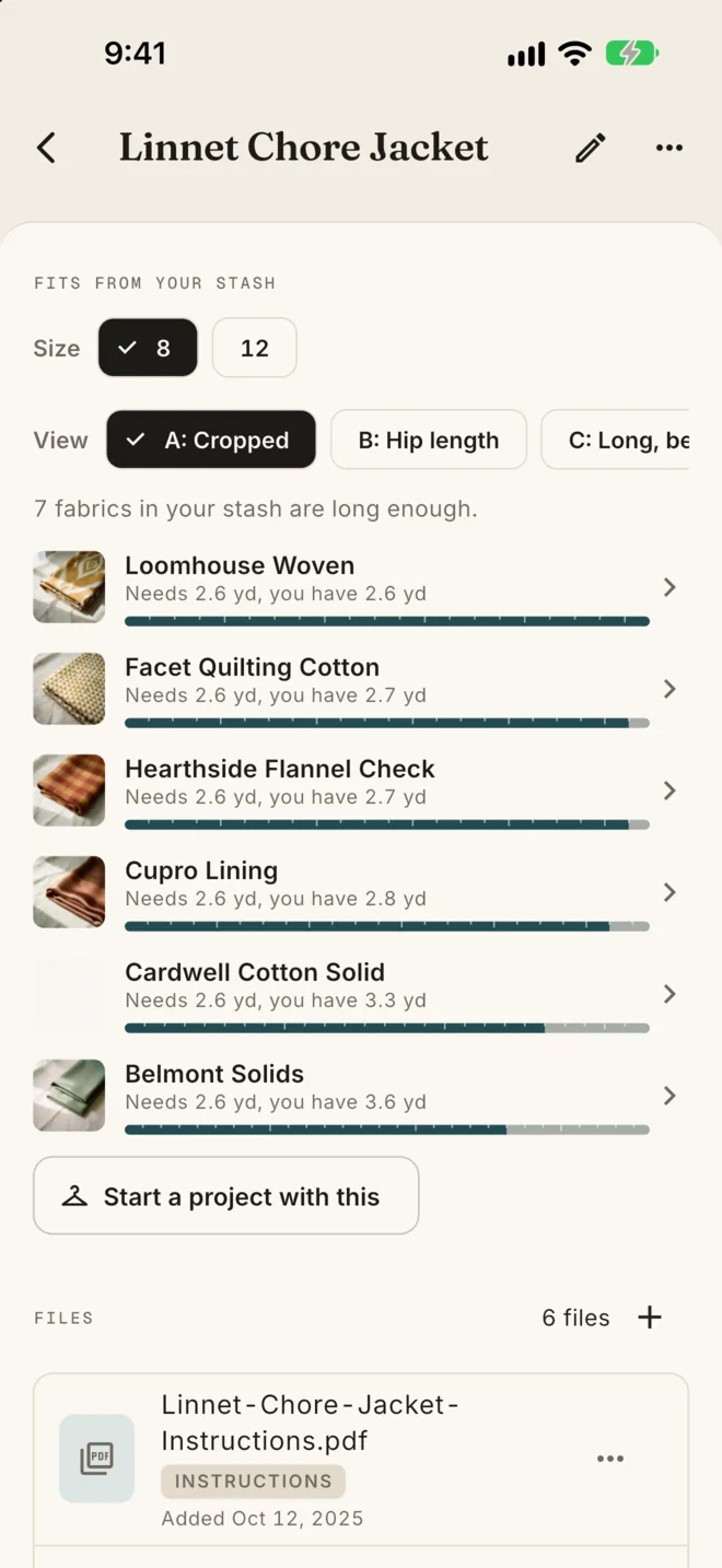 The Linnet Chore Jacket in size 8, view A: 7 fabrics in your stash are long enough, with Start a project with this