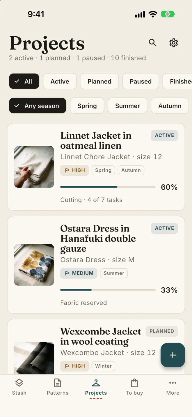Projects on iPhone with progress for each make
