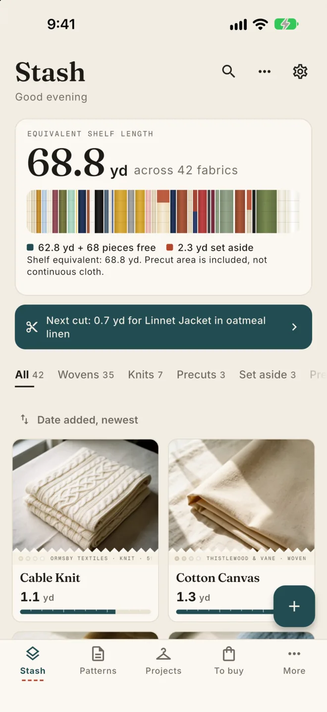 Selvage on phone: the fabric stash with its total yardage
