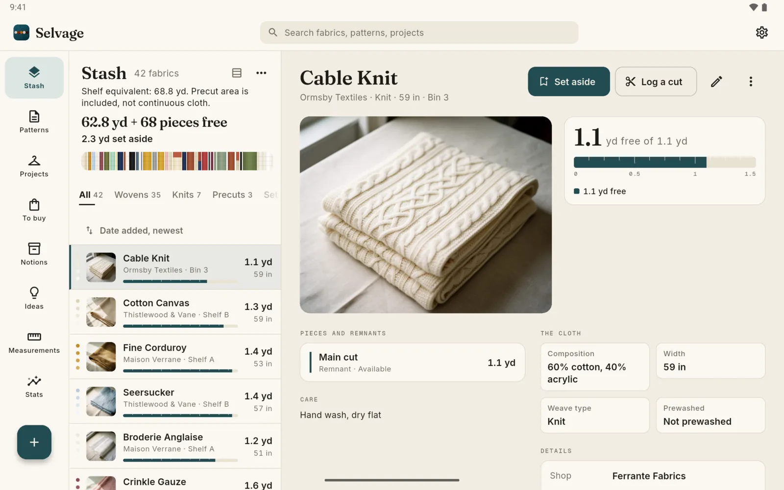 Android tablet: the stash list beside a fabric