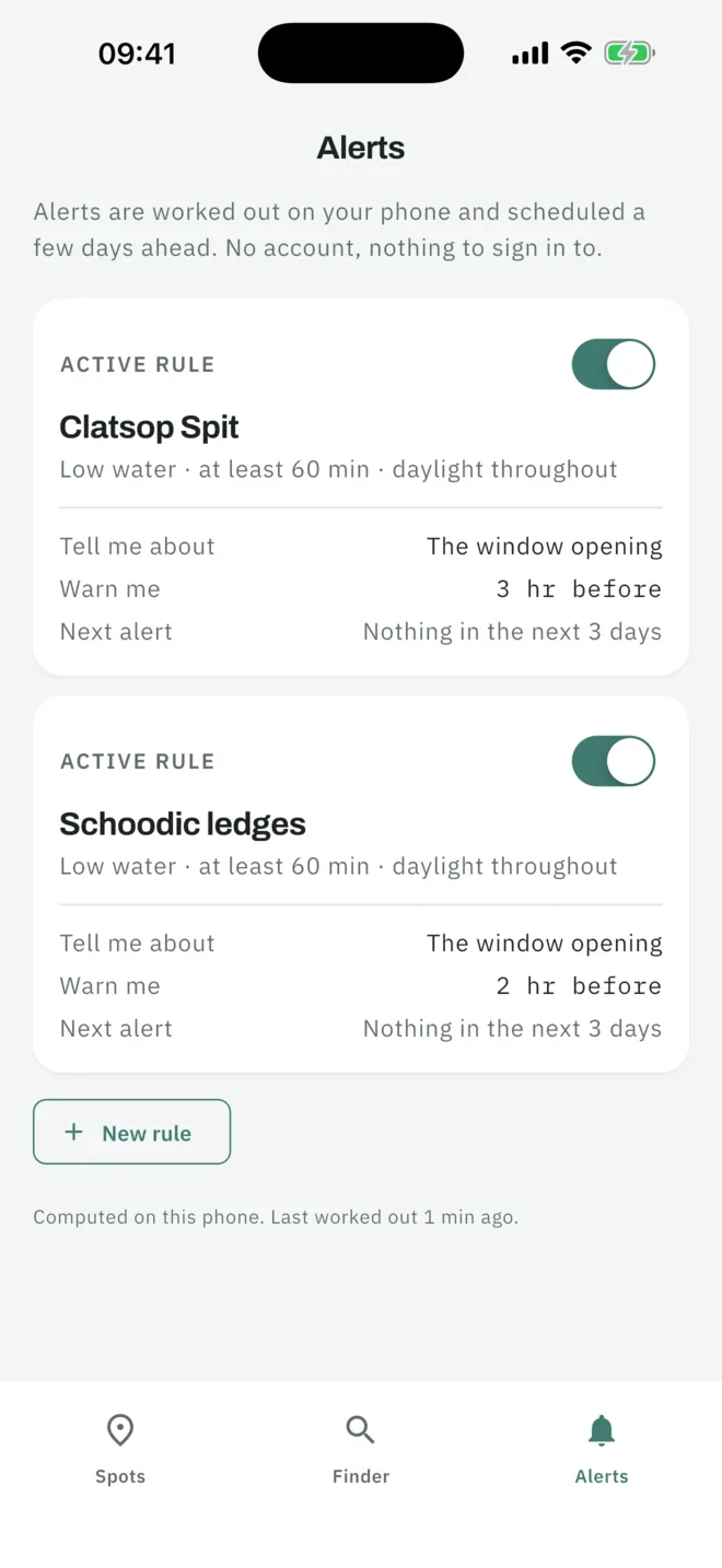 Alerts: rules computed on the phone, each saying when it will warn you