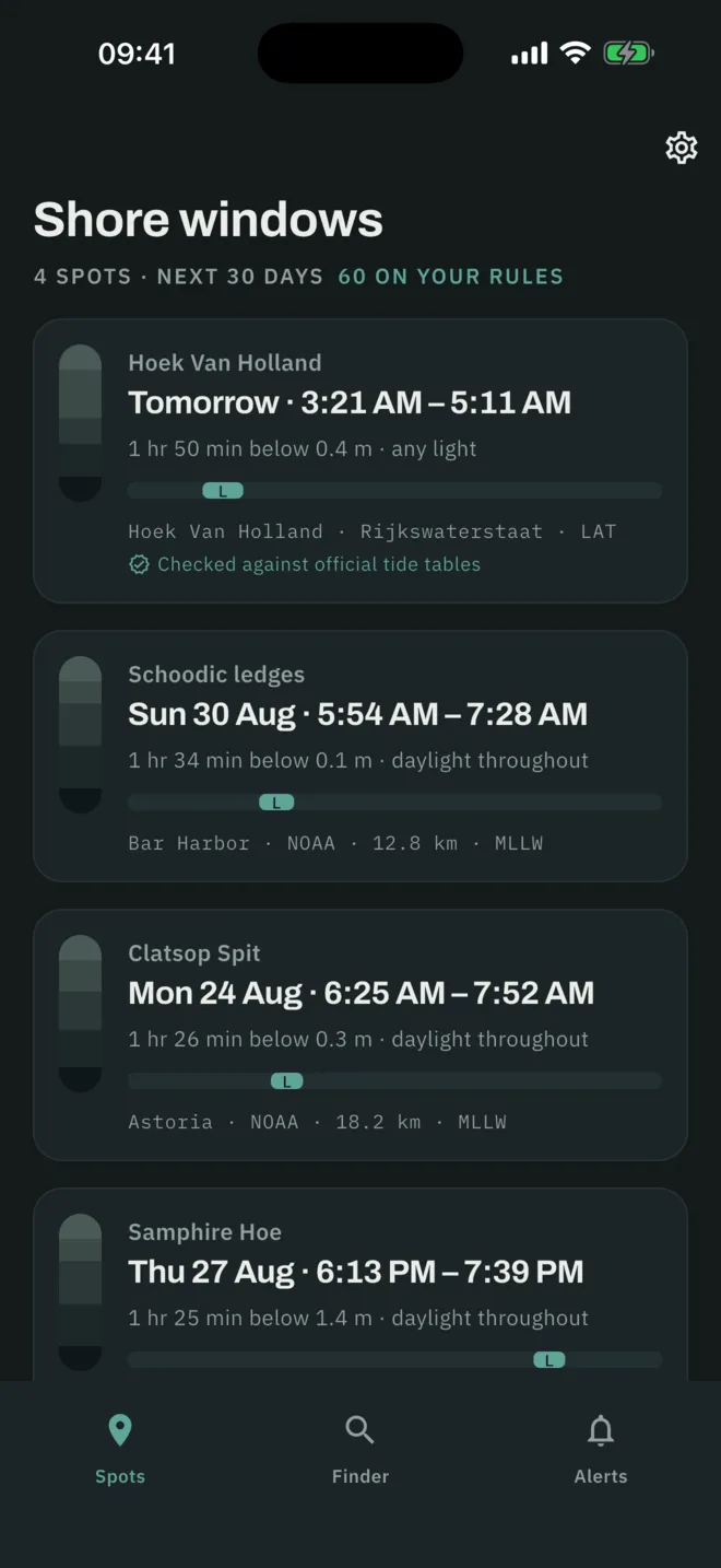 The same shore windows list in dark mode