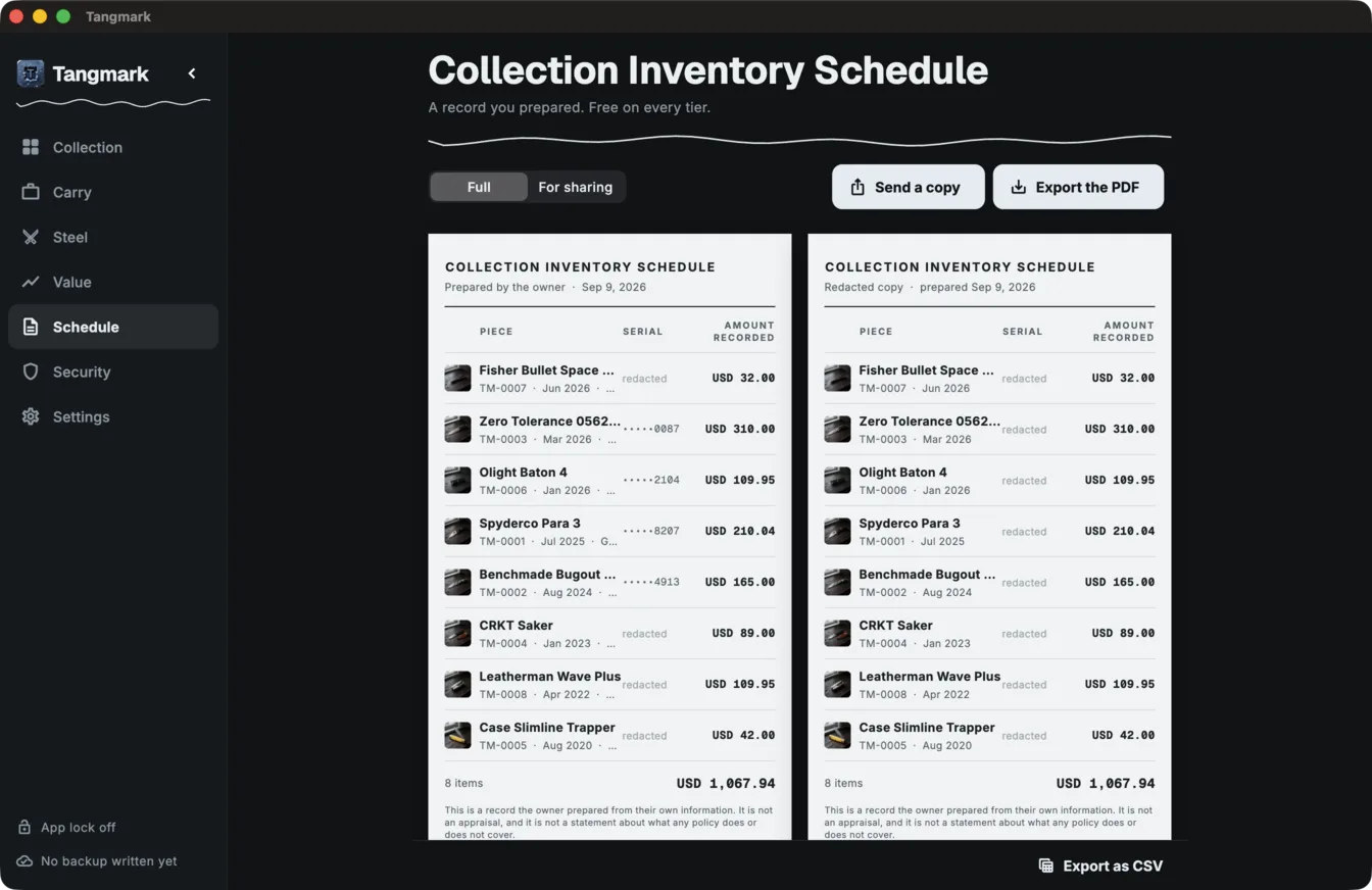 Tangmark on a wide screen: the Collection Inventory Schedule laid out for printing