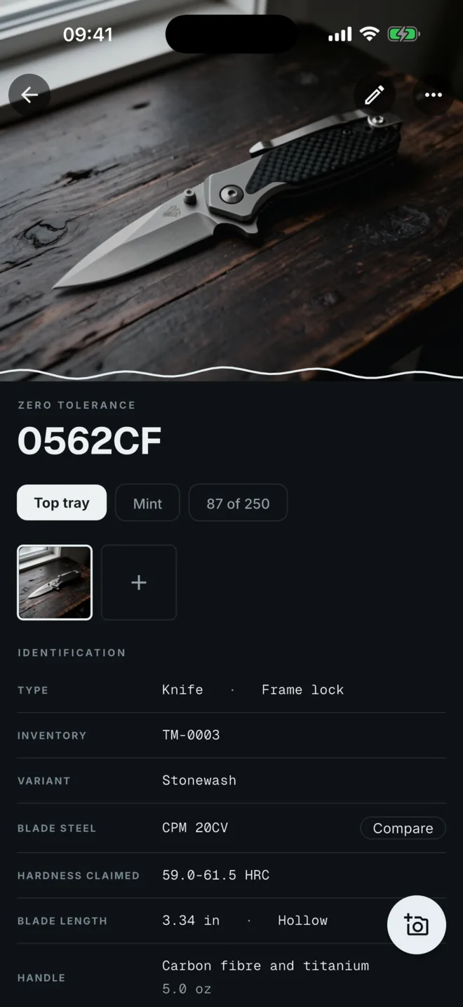 One knife in full: type, inventory number, variant, steel, hardness, blade length and handle