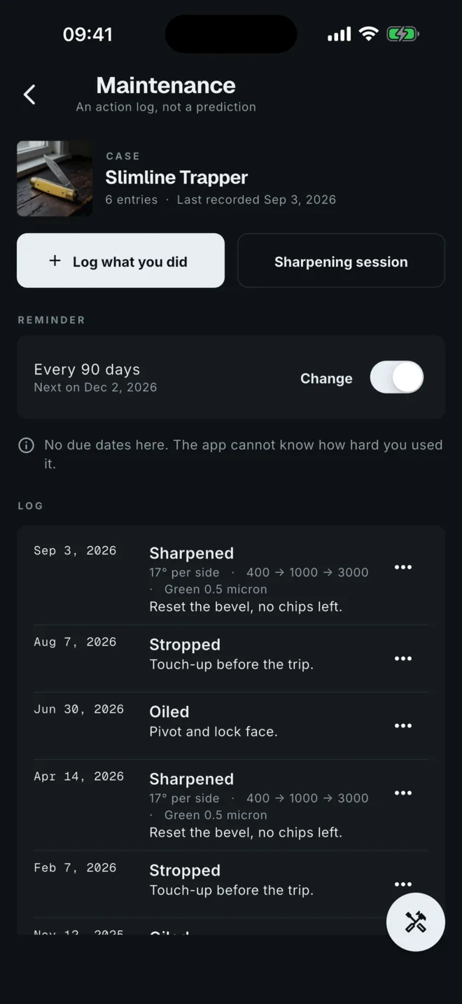 The maintenance log on iPhone