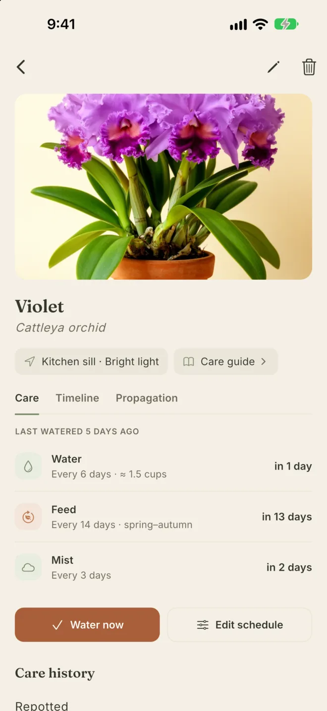 Verdling on phone: a plant's care schedules