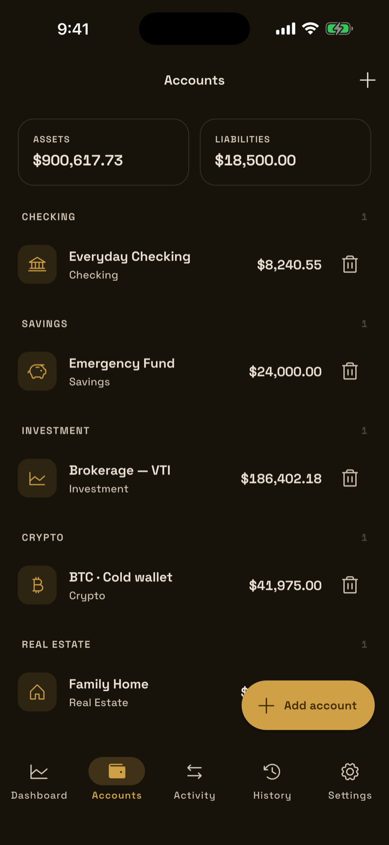 Accounts across cash, investments, crypto and property