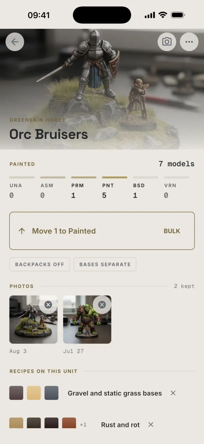 A unit page in light mode: photo hero, stage counts and recipes on the unit