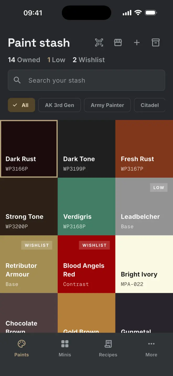 The paint stash as a wall of colour swatches with owned, low and wishlist counts