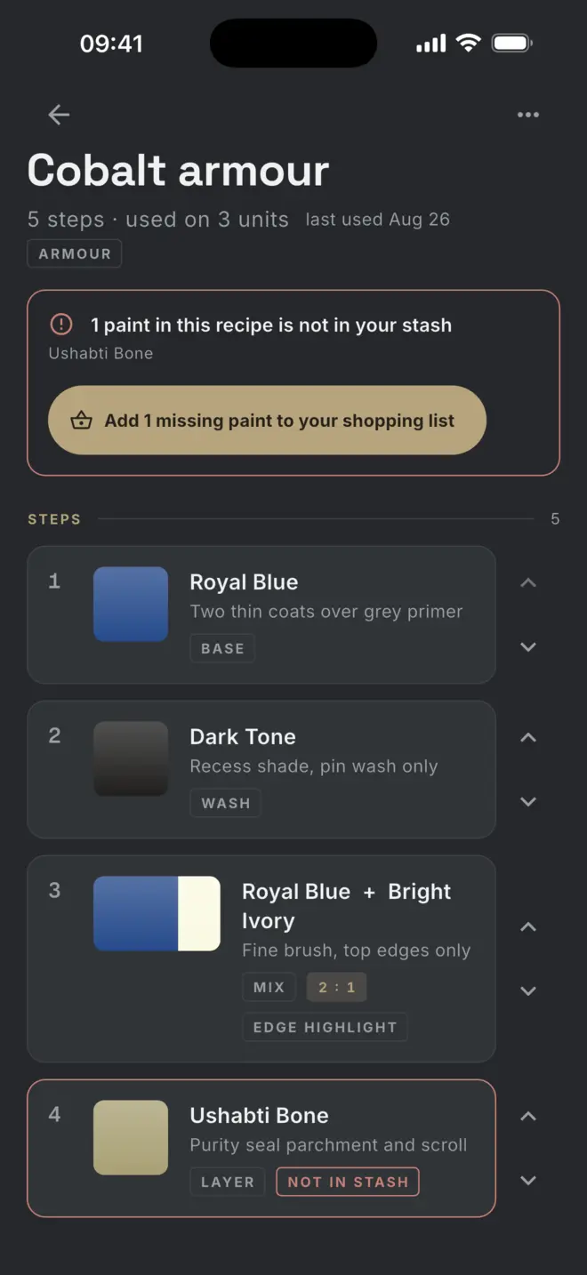 A paint recipe: numbered steps with swatches, mixes and a missing-paint callout